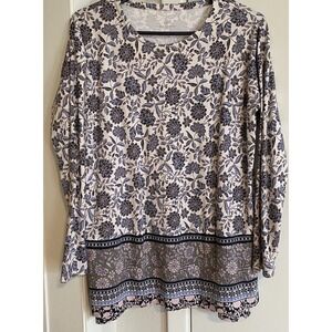 J Jill Tunic Top Simply Supima Crew Neck Floral  Blue Cottage Check Measurements